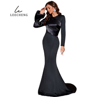 Robe arabe formelle super longue avec queue de poisson asymétrique courte couleur satin épissage butyle à manches longues et beauté de balayage au sol