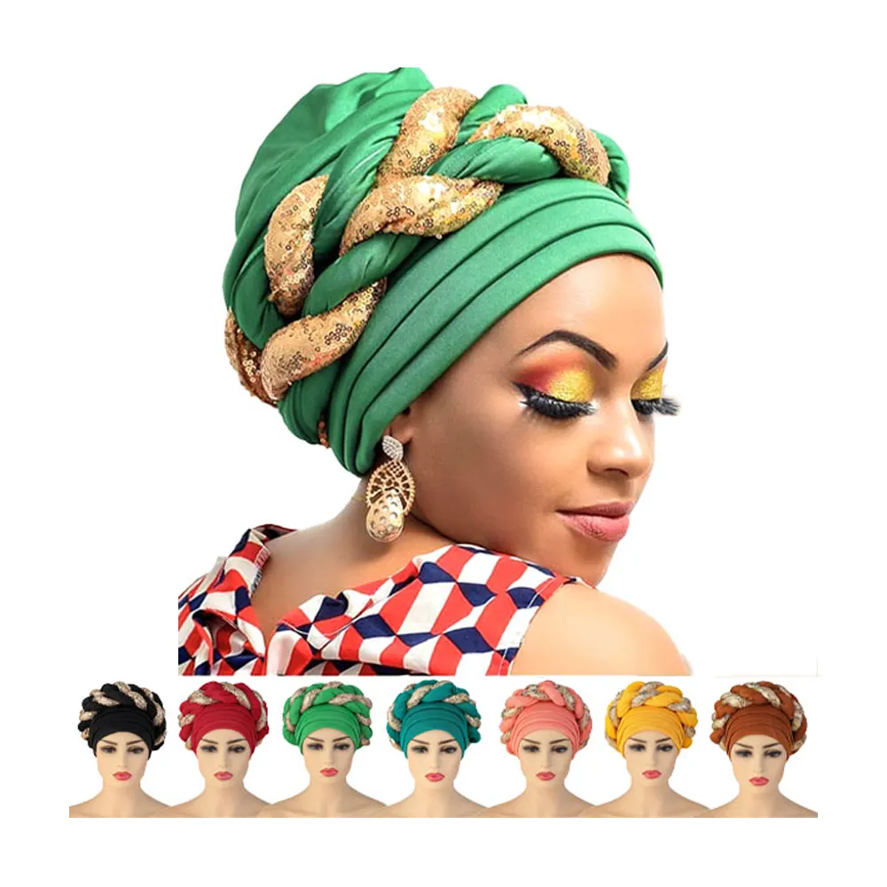 Großhandel Raum Baumwolle Kopftuch Afrikanische Turban Hüte Mit Pailletten Muslim Hijab Frauen Bandanas Braid Headwrap