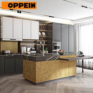 OPPEIN Luxury Modern Gray Lacquer Kitchen Cabinets with Golden Island