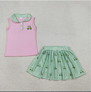 Conjunto de Ropa de Verano para Niña Sweet Girl GSD3120, Camiseta Rosa con Bordado de Camioneta de Golf, Falda a Cuadros y Pantalones Cortos - Product Image 5