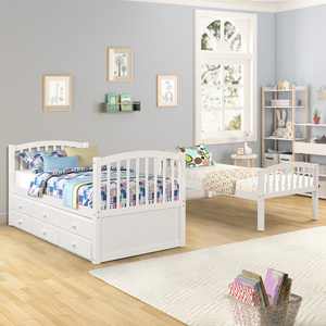 Twin Bunk <b>Bed</b> with Trundle and 3 Drawers White for Teens Bedroom Guest Room Furniture - Product Image 6