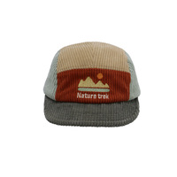 Casquette 5 panneaux personnalisée en velours côtelé, patchwork, visière plate, broderie Nature Trek, montagne, camping, randonnée, streetwear, mode, sportive