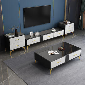 Ensemble table basse et meuble TV pour salon moderne, blanc avec pieds dorés, design minimaliste pour petits appartements - Product Image 2