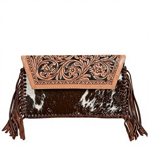 Women's Hand Tooled Leather Clutch Flap <b>Wallet</b> Fringe Purse Cow Pattern Western Fashion Bag for Daily Use - Product Image 1