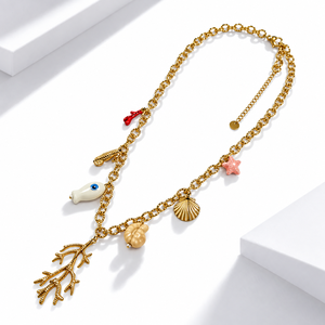 Ocean Motif Charm Necklace Stainless Steel 14K <b>Gold</b> Vacuum Plated Enamel Ceramic 440 mm Plus 60 mm 31.4 g - Product Image 1