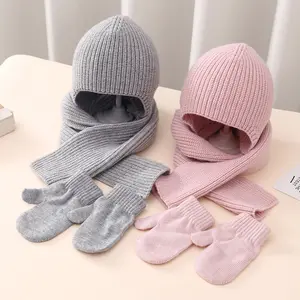 Atacado 3 Pçs/set Moda Criança Menina Inverno Cachecol Conjuntos Bonito Cor Sólida Inverno Malha Chapéu E Cachecol Set