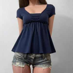 Women’s Y2K Cute Solid Color V-Neck Short Sleeve Babydoll T-<b>Shirt</b> Summer Sweet Casual Top - Product Image 2