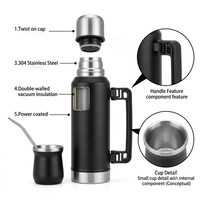 Thermos isotherme en acier inoxydable à double paroi de 1200 ml avec strass, pour maté et eau, avec cuillère