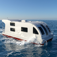 Maison flottante remorquable de luxe avec lit, salle de bain, cuisine, évier, cuisinière et table pour longs séjours et voyages aquatiques