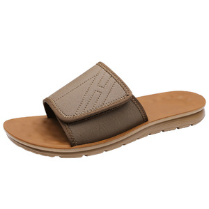 Pu <b>Slides</b> Open Toe Anti <b>Slip</b> Rubber Outsole Casual Men's Sandals Solid Color Embossed Logo - Product Image 5