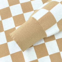 Cardigan court en maille douce à col rond et boutons en bois, motif damier blanc et kaki, pour femme, directement de l'usine