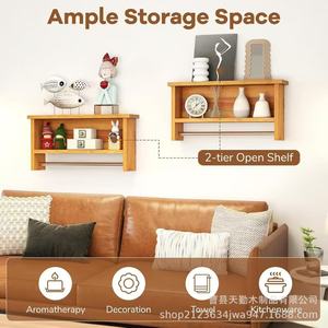 Wooden Wall Mounted Storage Rack 2 Tier With Towel <b>Bar</b> For Bathroom Kitchen Organizer <b>Shelf</b> - Product Image 5