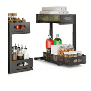 Cjcf Tiroirs de rangement coulissants à 2 niveaux avec 5 paniers en maille réglables, organisateur d'évier de cuisine, organisateur d'armoire métallique, design minimaliste - Product Image 1