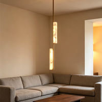 Lustre LED brossé minimaliste à suspension haute, en albâtre naturel rectangulaire, idéal pour couloir d'hôtel et espace d'escalier