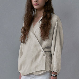 Camicetta da <span class=keywords><strong>Donna</strong></span> Enyami in <span class=keywords><strong>Lino</strong></span> Plissettato Comoda e Ampia con Bottoni Maniche Lunghe a Lanterna Arricciata Asimmetrica da Spiaggia - Product Image 1