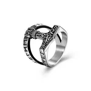 Viking Protection Symbols Jewelry Stainless Steel Nordic Myth Luck Amulet Rune Thor's Hammer Ring for Men