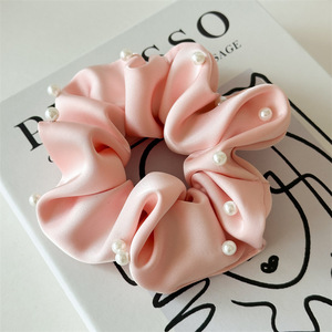 Nouveaux accessoires de mode pour femmes : Chouchous pour cheveux en tissu satiné couleur unie avec perles, grande taille, très élastiques et simples - Product Image 6