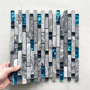 Kewent Azulejos de mosaico de marmore Backsplash para construção doméstica de alta qualidade com mistura de vidro azul e cinza