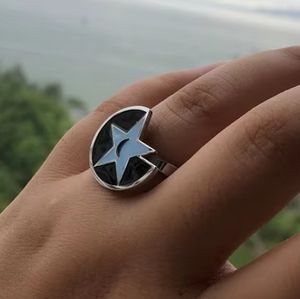 Luna Pentáculo dos tonos negro y azul esmalte Unisex anillo <span class=keywords><strong>de</strong></span> acero inoxidable moda Bijoux - Product Image 1