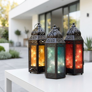 Manufacturers Black Metal Moroccan Style Colorful <b>Glass</b> Lanterns for Home & Weddings Decoration - Product Image 1