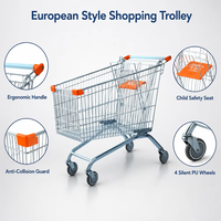 Caddie de courses pliable de style européen avec panier en fil métallique, roues en PU zinguées, siège enfant, 60L-210L