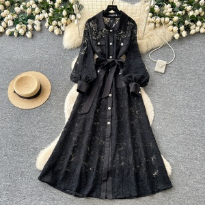Abito Lungo Elegante da <span class=keywords><strong>Donna</strong></span> con Colletto alla Coreana in Pizzo, Stile Francese Romantico, Linea ad A che Valorizza la Silhouette, <span class=keywords><strong>Chic</strong></span> e Casual - Product Image 3