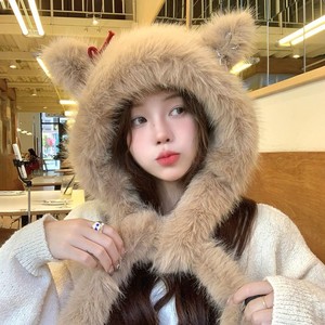 Conjunto de gorro y bufanda de peluche con orejas de zorro, color blanco, beige, caqui, cálido para invierno, para mujer adulta, estilo fresco y dulce, de una pieza. - Product Image 4