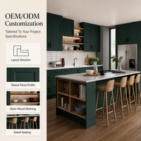Lemari Dapur Modern Panel Terangkat Warna Hijau Tua Kustom, Bahan Ramah Lingkungan Tahan Api, Veneer Kayu, Rak Terbuka, Solusi Lengkap