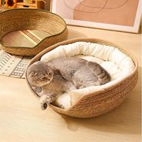 Lit pour chat en rotin tissé naturel, moderne, solide, fait main, avec coussin, pour l'intérieur, toutes saisons