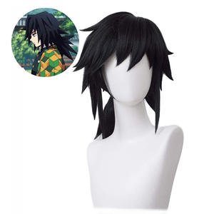 Columna de agua Tomioka Giyuu Anime peluca Cos hombres negro largo rizado peluca sintética conjunto exportación - Product Image 5