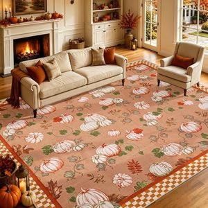 Tappeto a Quadretti con Bordo a Zucca, Grande, Arancione, Lavabile, Antiscivolo, a Pelo Corto, per Soggiorno, Sala da Pranzo, Decorazioni Festive - Product Image 1