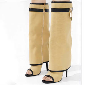 Kadın diz-yüksek Fishnet çizme sivri burun yaz Peep Toe sandalet yüksek topuklu Stiletto Metal köpekbalığı kilit örgü tasarımı - Product Image 5