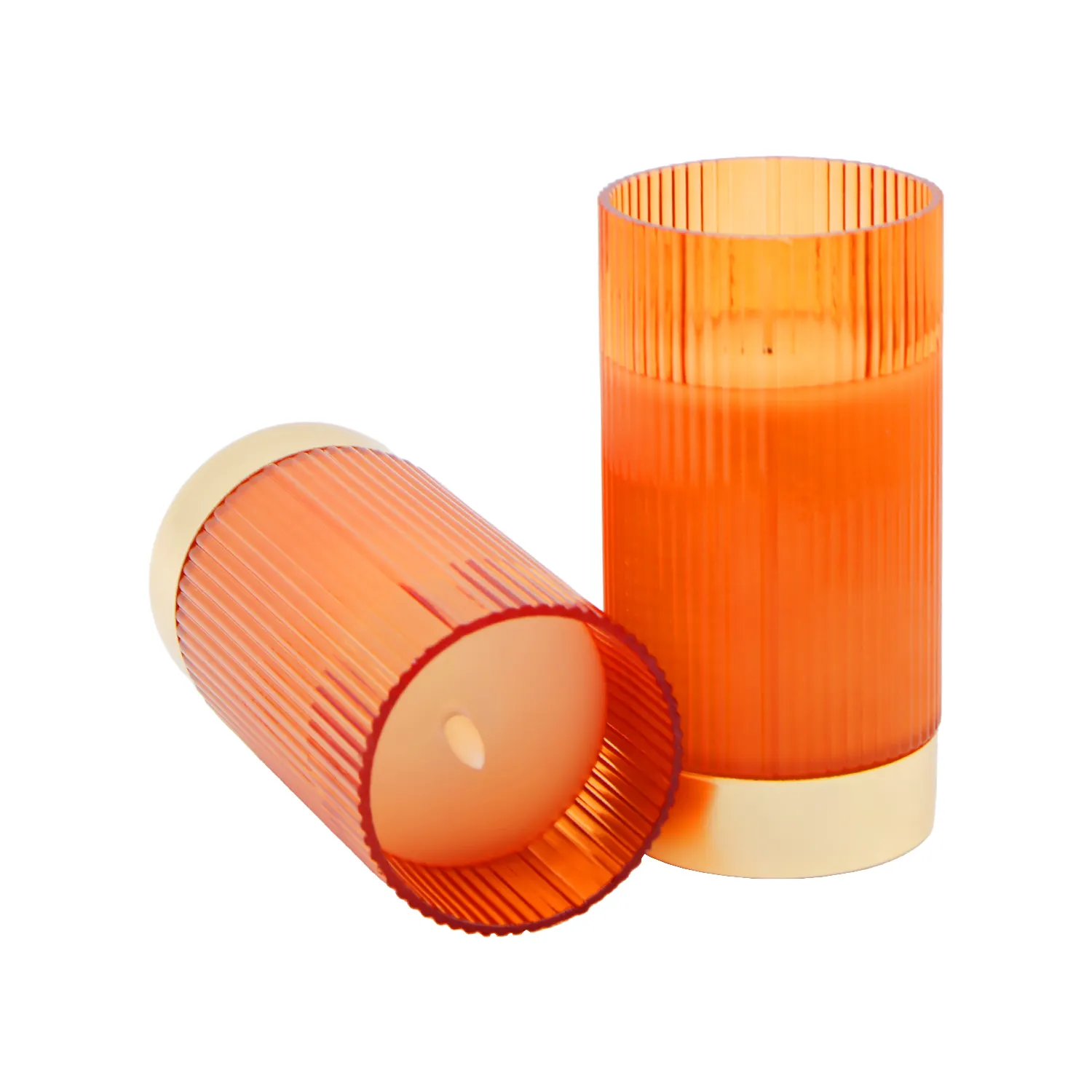 ZHL0005 Factory Custom OEM Orange shell vertical stripes warhead column shape real wax Led Candle Home Decor Set of 2 true wax