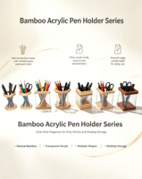 Porte-stylos carré en bambou, gobelet à stylos en acrylique transparent côtelé, organiseur de bureau en bambou naturel pour stylos, crayons et papeterie