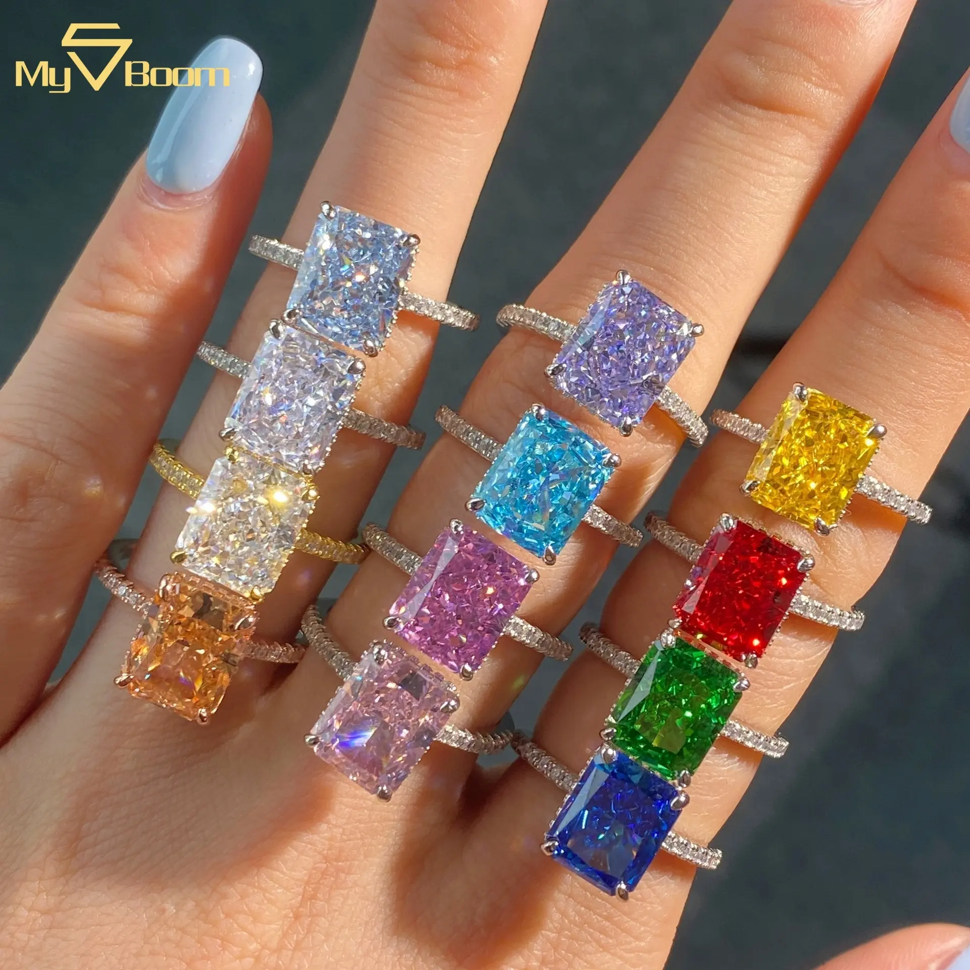 S925 Sterling Silver Jewelry Women No Tarnish Free 8A Cubic Colorful Zircon Ring Eternity Band Engagement Wedding Promise Rings