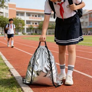 210D Silver Bronzing Sports Travel Beach Polyester <b>Drawstring</b> <b>Backpack</b> Storage Bag - Product Image 3