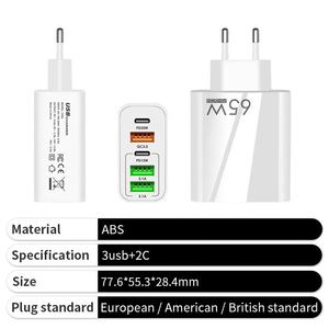 อะแดปเตอร์ชาร์จเร็ว 65w สีขาว ช่องเสียบหลายพอร์ต USB Type C หัวปลั๊ก EU/UK/US ใช้ได้ทั่วโลก รองรับ PD สำหรับมือถือ - Product Image 4