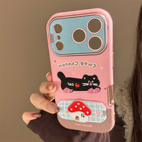 Coque de téléphone en cuir motif dessin animé avec support miroir pour iPhone 17 16 Pro Max, broderie chien mignon, support chaton, coque arrière