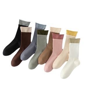 Chaussettes mi-mollet bouclées à double bordure, en coton peigné sans couture, respirantes, antibactériennes et déodorantes pour femmes - Product Image 2
