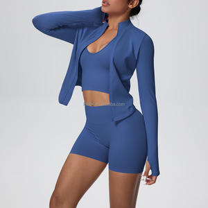 Vêtement de yoga pour femmes grande taille, coupe ajustée, fermeture éclair, col halterneck, haute élasticité, séchage rapide, doux, fitness en plein air, veste de yoga sexy - Product Image 3