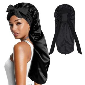 Phụ Nữ Của Màu Đen Đàn Hồi Khóa Dài Ống Nightcap Bow Headband Với Đàn Hồi Tie Thích Hợp Cho Dài Xoăn Tóc Nightcaps Headband - Product Image 2