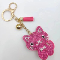 Gantungan kunci kucing cantik, aksesori rumbai gantungan kunci kucing liontin berlian imitasi kristal Glitter berkilau modis