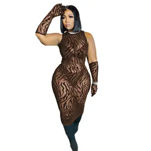 Best Seller Zebra-Stripe Print 5Xl Plus Size Long Dress Summer Women Sleeveless O-Neck Vest Mesh Dress With Glove