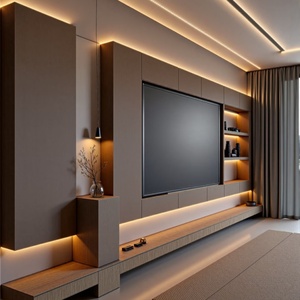 Meuble <span class=keywords><strong>TV</strong></span> moderne européen au design simple avec rangement dissimulé, unité murale intelligente en bois pour salon - Product Image 1