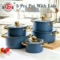 Lot de 10 casseroles en acier inoxydable bleues avec couvercles en verre – Batterie de cuisine pour la maison – Vente en gros