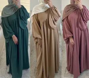 高品质中东简约时尚宽松阿巴亚连衣裙女纯色长袖穆斯林睡袍