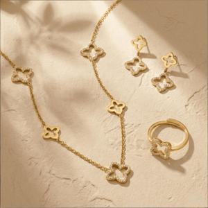 Chaînes en acier inoxydable plaqué or PVD 18K avec pendentif trèfle ajouré et fleur pavée de zircone cubique, bijoux porte-bonheur tendance, vente en gros - Product Image 3