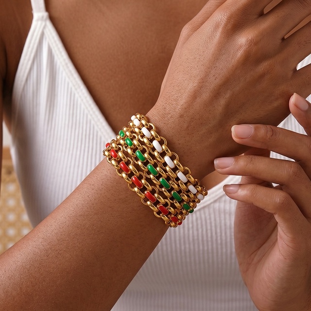 Wholesale Hip Hop Fashion Jewelry Bracelet 18K Gold Plated Stainless Steel Colored Droplet Oil Design Chain Bracelet for Women
