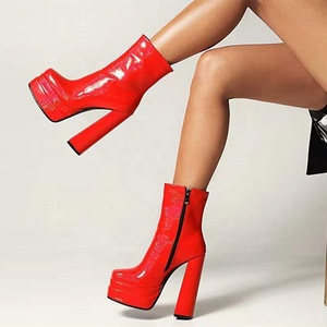 Big Square Toe Shoes Patent Leather Ankle <b>Boots</b> High Chunky Heel Side Zip Women <b>Boots</b> Thick Platform Size 46 - Product Image 2