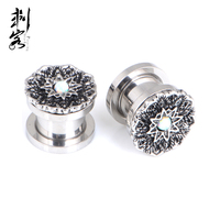 Tunnels en acier inoxydable 316L à double bordure évasée avec motif de fleur de lotus antique centralisé en opale, bijoux de mariage et de fiançailles